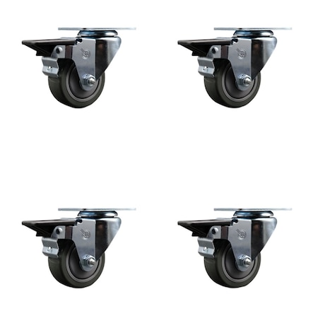 Service Caster 3'' Gray Poly Wheel Swivel Top Plate Caster Set Posi Brake, 4PK SCC-20S314-PPUB-PLB-4